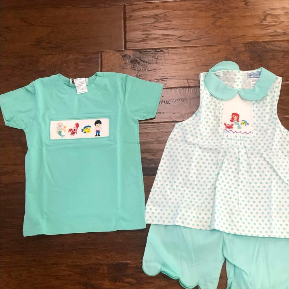 Smocking Bug Smocked Disney Little Mermaid Ariel & Eric Sibling Set size 5 and 6